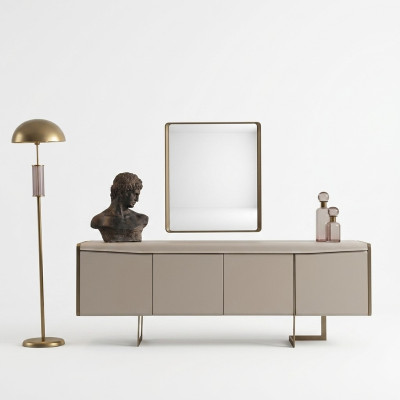 Sala da pranzo beige, credenza, specchio rettangolare, mobili in legno eleganti 2 pezzi