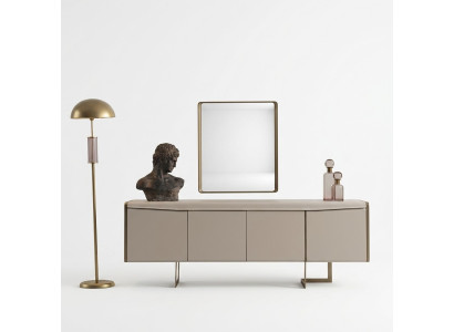 Sala da pranzo beige, credenza, specchio rettangolare, mobili in legno eleganti 2 pezzi