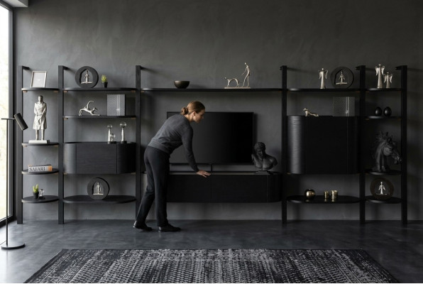 Esclusiva parete attrezzata nera, mobili da soggiorno di design, parete in legno pregiato