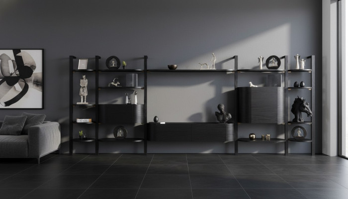 Esclusiva parete attrezzata nera, mobili da soggiorno di design, parete in legno pregiato
