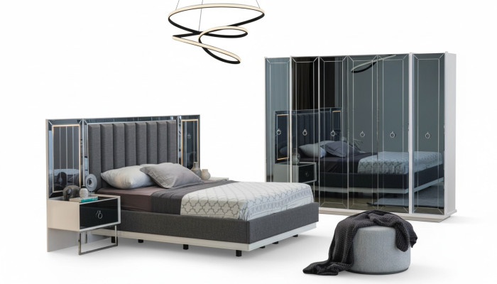 Set da camera da letto di design con letti matrimoniali comodini armadio.
