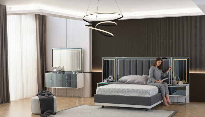 Mobili per la camera da letto moderni grigi e bianchi in legno comodini letto matrimoniale 5 pezzi