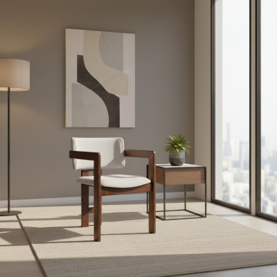 Sedia da pranzo marrone chiaro e bianca, sedia imbottita da designer, poltrona moderna per una persona.