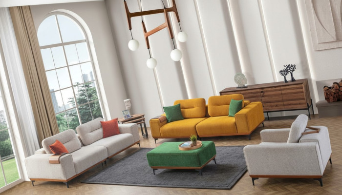 Grande set salotto con 3 divani in tessuto, 1 pouf e 3 tavolini da salotto.