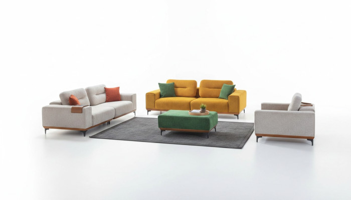 Grande set salotto con 3 divani in tessuto, 1 pouf e 3 tavolini da salotto.
