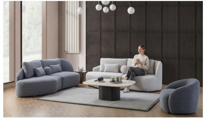 Gruppo soggiorno grigio-bianco 3+3 posti, poltrona in tessuto di design 3 pezzi