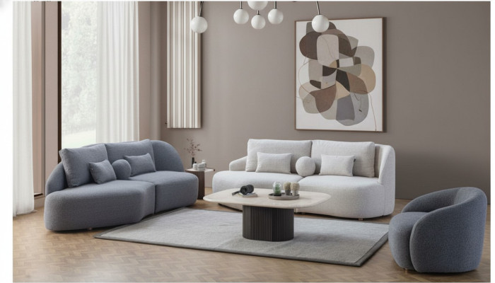 Gruppo soggiorno grigio-bianco 3+3 posti, poltrona in tessuto di design 3 pezzi