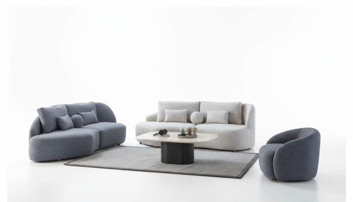 Gruppo soggiorno grigio-bianco 3+3 posti, poltrona in tessuto di design 3 pezzi