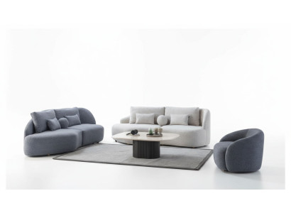 Gruppo soggiorno grigio-bianco 3+3 posti, poltrona in tessuto di design 3 pezzi