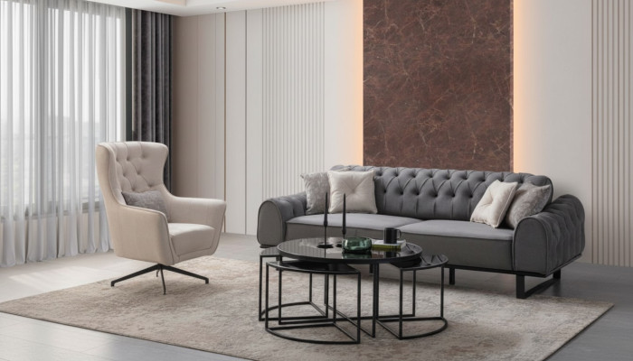 Grigio Chesterfield a tre posti, lussuoso set di 2 poltrone Imbottito bianco.
