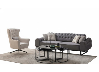 Grigio Chesterfield a tre posti, lussuoso set di 2 poltrone Imbottito bianco.