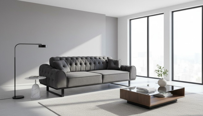Chesterfield grigio a 3 posti, sofisticato divano a tre posti da designer per il soggiorno.