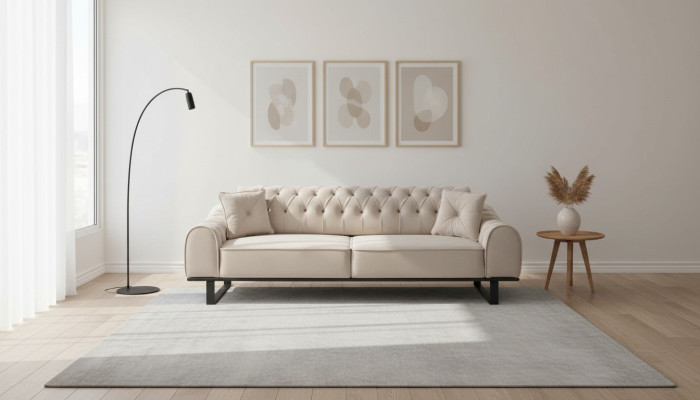 Esclusivo divano soggiorno a 3 posti color beige, design di lusso, nuovi.