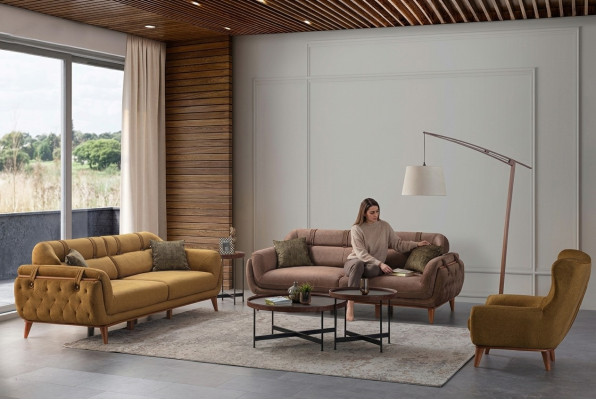 Chesterfield set di arredi per il soggiorno, divani 2 posti, poltrone, mobili.