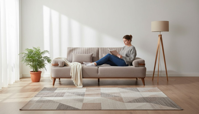 Divano beige a 3 posti in stile designer con struttura in legno per soggiorno, divano di lusso.
