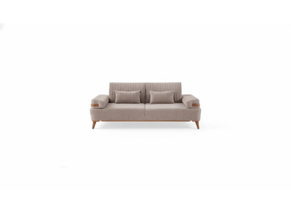 Divano beige a 3 posti in stile designer con struttura in legno per soggiorno, divano di lusso.