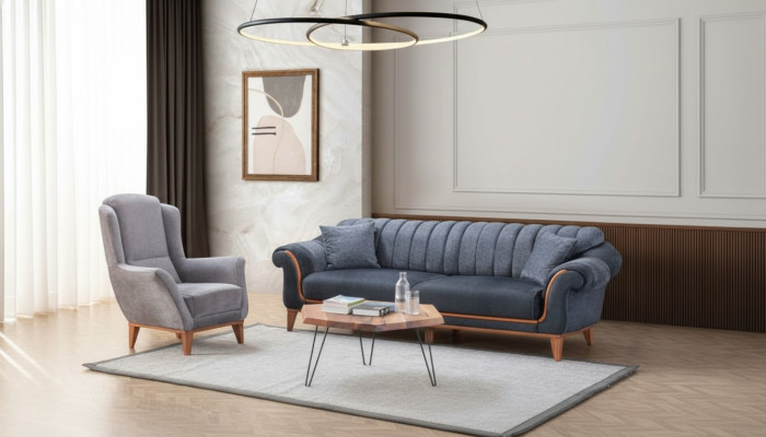 Blu-grigio salotto sete elegante divano a tre posti poltrona di lusso 2 pezzi