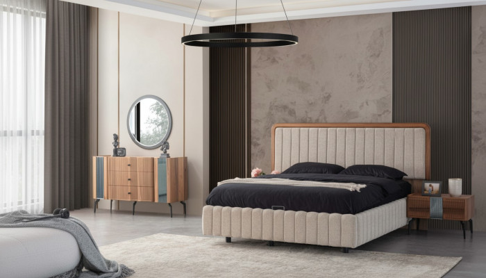 Mobili luminosi per la camera da letto, letto matrimoniale, specchio toletta, 2 comodini.