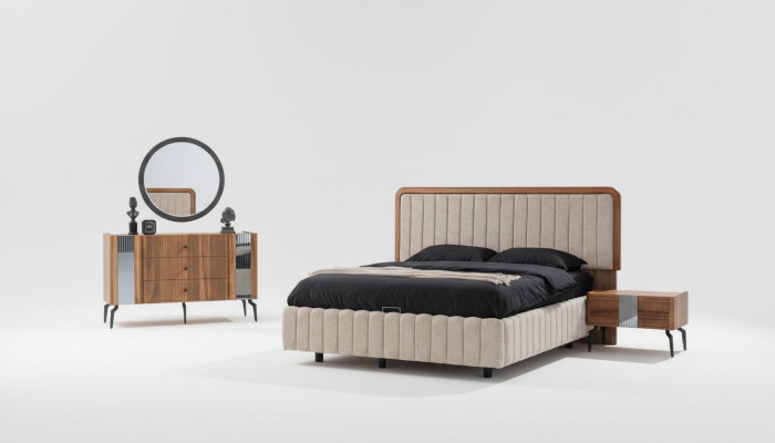Mobili luminosi per la camera da letto, letto matrimoniale, specchio toletta, 2 comodini.