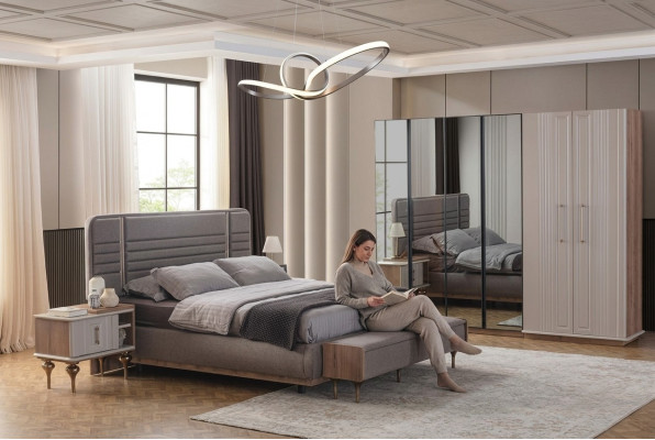 Camera da letto esclusiva Letto Armadio in vetro Comodini in legno Set di lusso 4 pezzi