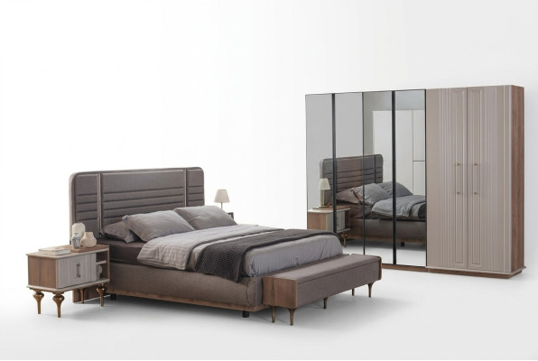 Camera da letto esclusiva Letto Armadio in vetro Comodini in legno Set di lusso 4 pezzi