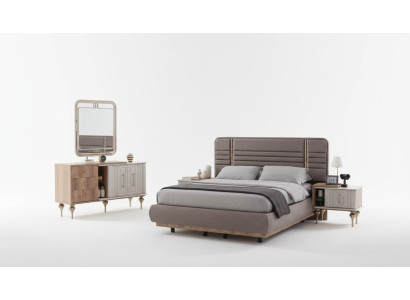 Nobile set da camera da letto, letto imbottito, comodini, toeletta, specchio
