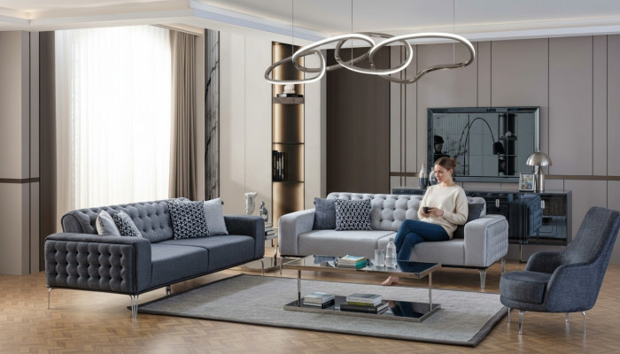 Chesterfield Gruppo salotto grigio divani soggiorno divano a tre posti + poltrona