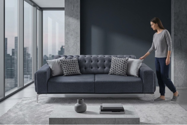 Chesterfield divano grigio a 3 posti in tessuto per il soggiorno nuovo