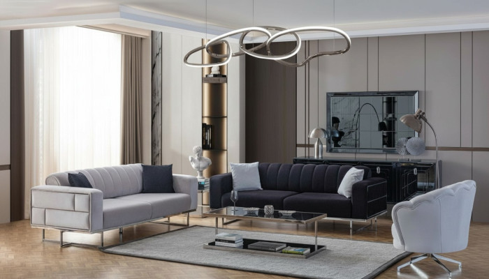 Sofà grigi per soggiorno Designer Poltrona tre posti in tessuto 3 pezzi.