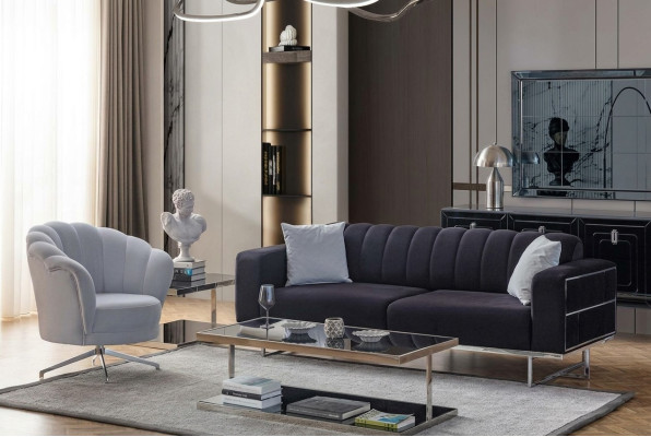 Set di sedute moderno in tessuto divani designer a tre posti poltrone imbottite.