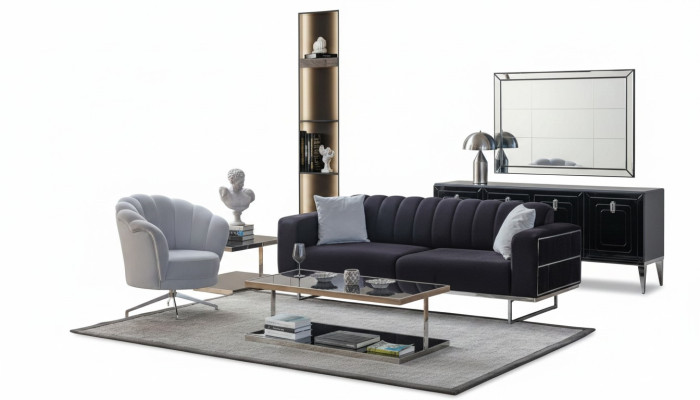 Set di sedute moderno in tessuto divani designer a tre posti poltrone imbottite.