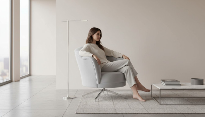 Sedia grigia da designer per il soggiorno, singola di lusso con piedini in acciaio inossidabile.
