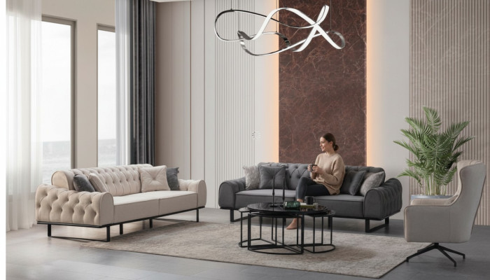 Set di divani Chesterfield grigio-bianco, designer di poltrone imbottite, 3 pezzi.
