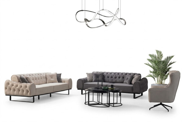 Set di divani Chesterfield grigio-bianco, designer di poltrone imbottite, 3 pezzi.