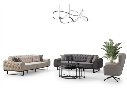 Set di divani Chesterfield grigio-bianco, designer di poltrone imbottite, 3 pezzi.