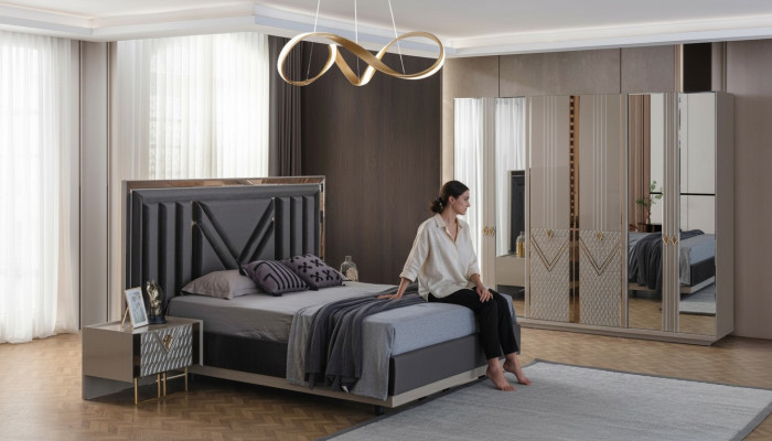 Mobili da camera grigi Letto matrimoniale Armadio Comodini Set 4 pezzi