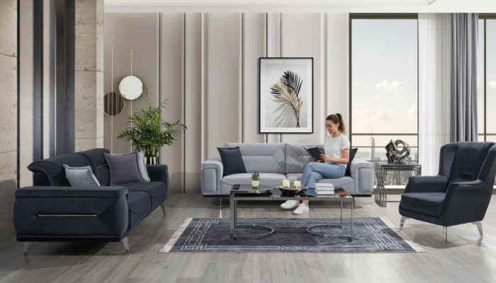 Divani grigi per il soggiorno, divani di design, divani a 3 posti di lusso, poltrone singole.