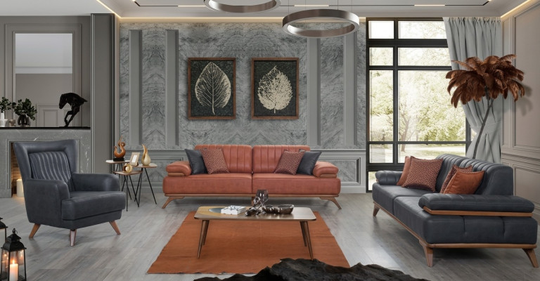 Set di mobili per soggiorno in ecopelle con divani e poltrone in pelle da designer, 3 pezzi.
