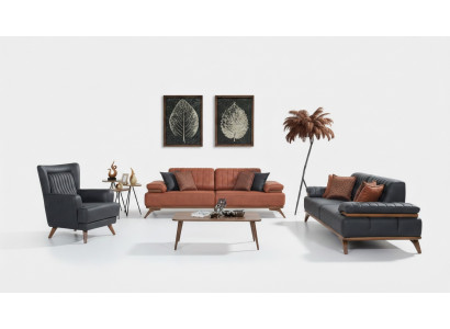 Set di mobili per soggiorno in ecopelle con divani e poltrone in pelle da designer, 3 pezzi.
