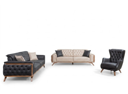Set da soggiorno elegante nero-beige composto da divano 3 posti + 3 posti + poltrona 1 posto, 3 pezzi.