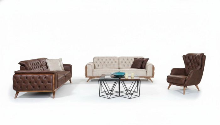 Chesterfield set di divani in ecopelle moderno, poltrona da designer a tre posti, 3 pezzi.