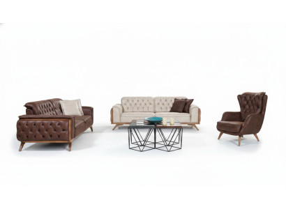 Chesterfield set di divani in ecopelle moderno, poltrona da designer a tre posti, 3 pezzi.
