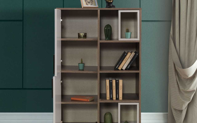 Libreria moderna bianca per bambini, mobili per cameretta, armadi in legno di design.