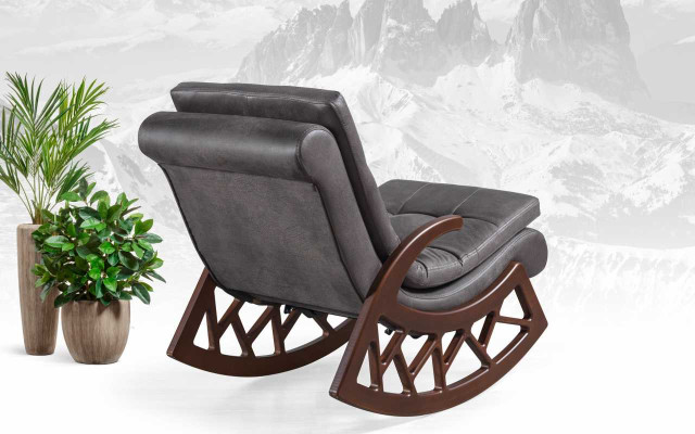 Esclusiva sedia a dondolo grigia da salotto, arredamento per il relax con telaio in legno, nuovo.