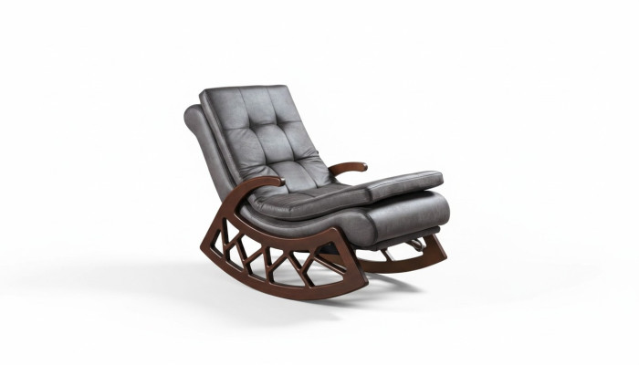 Esclusiva sedia a dondolo grigia da salotto, arredamento per il relax con telaio in legno, nuovo.