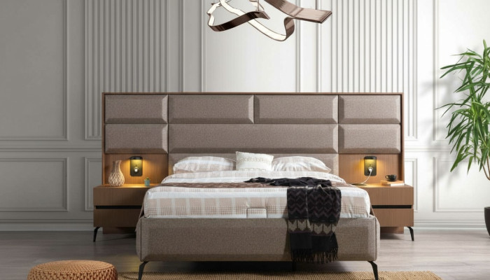 Camera da letto grigia esclusiva con letto matrimoniale e 2 comodini, set 3 pezzi