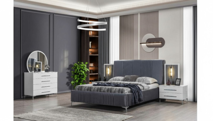 Elegante set da camera da letto Letto matrimoniale grigio Comodini in legno 5 pezzi