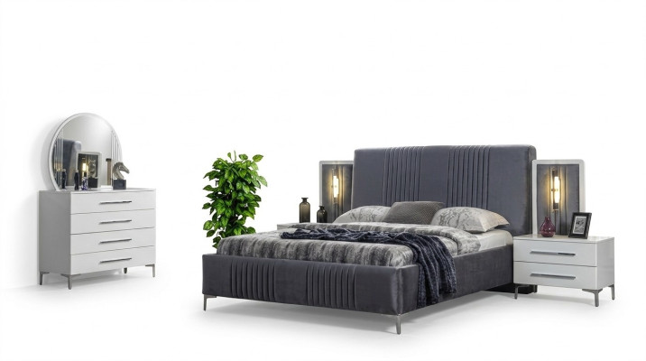 Elegante set da camera da letto Letto matrimoniale grigio Comodini in legno 5 pezzi
