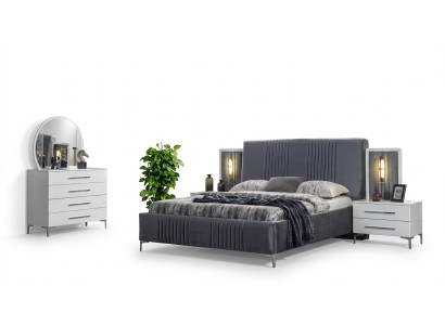 Elegante set da camera da letto Letto matrimoniale grigio Comodini in legno 5 pezzi