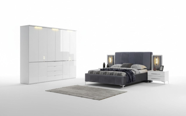 Mobili da camera da letto grigi-bianchi, letto tessile, comodino, armadio a 4 pezzi.